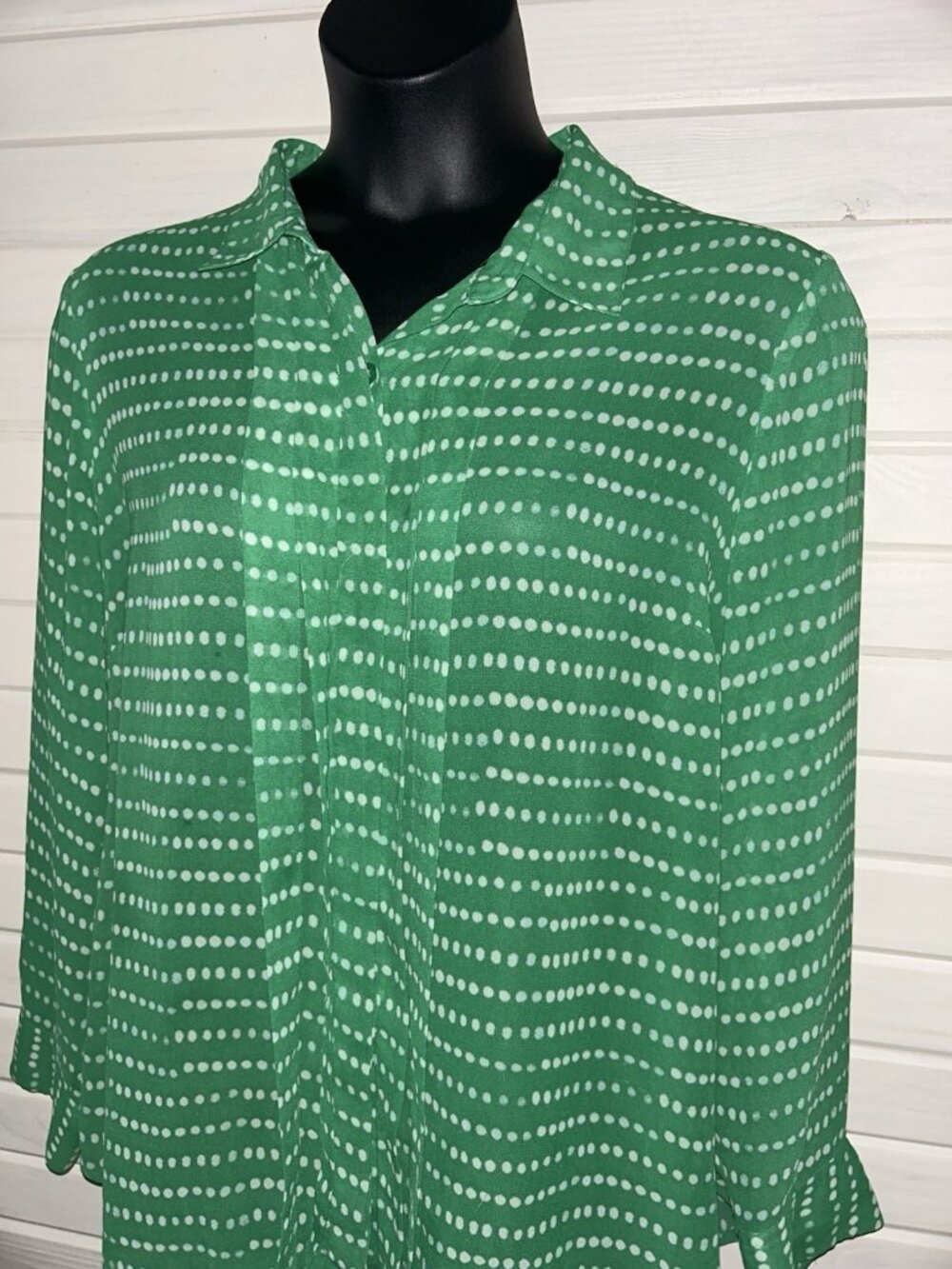 Coldwater Creek Sz PLUS 2X Green White L/S Mesh Knit Dappled Dots Top Tunic VGUC
